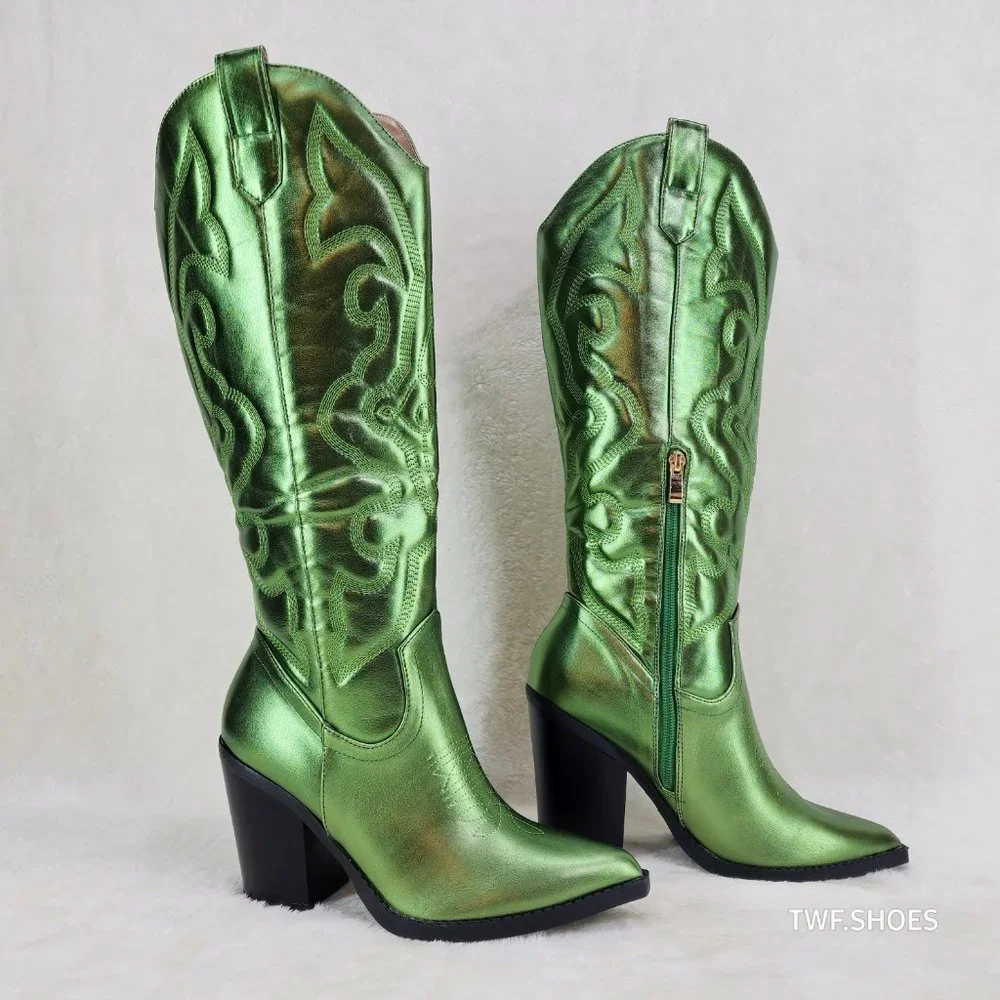 Electric Cowboy Brush Metallic Matte Western Knee High Cowgirl Boots Green - Picture 9 of 11